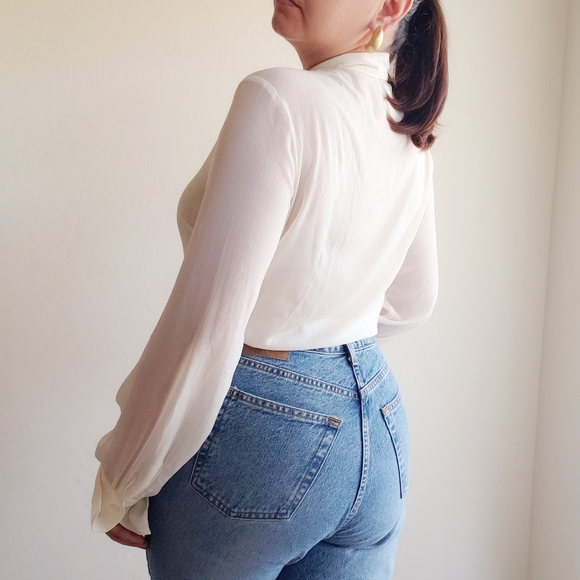 Vintage Gauzy Sheer Cream Blouse 90's Button Down - Picture 4 of 12